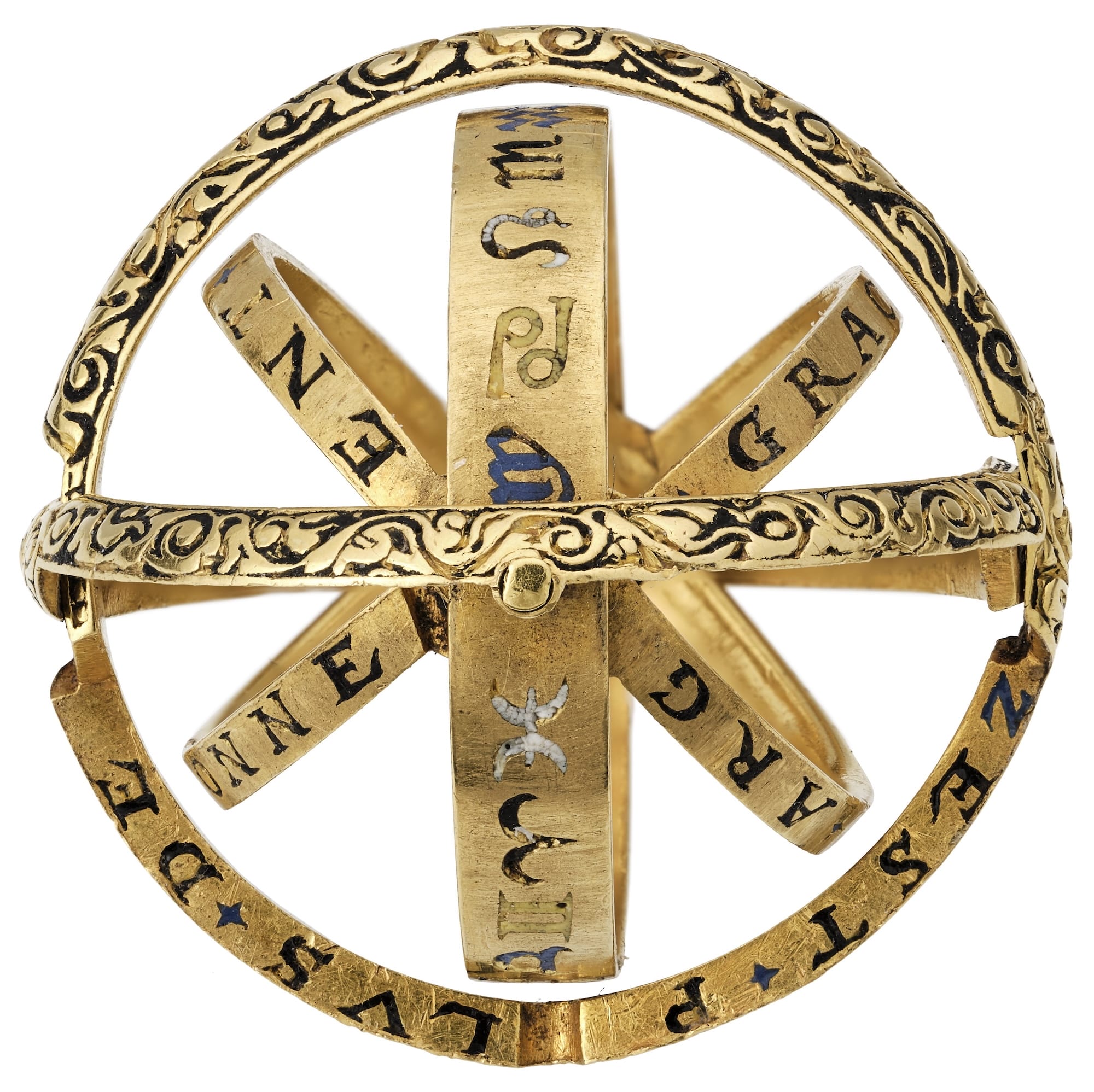 a photo of an armillary ring with engraved symbols and Zodiac signs